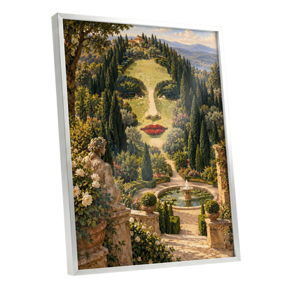 Cypress Reverie, green, beige, gold nature wall art shown as a silver framed poster wall art print
