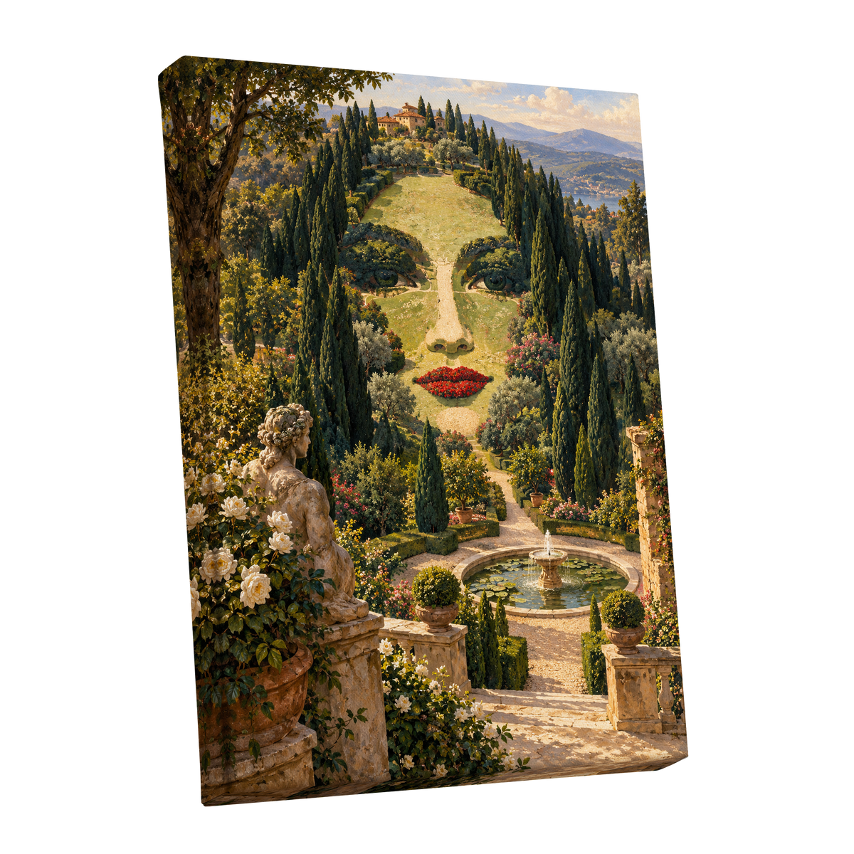 Cypress Reverie, green, beige, gold nature wall art shown as a stretched canvas wall art