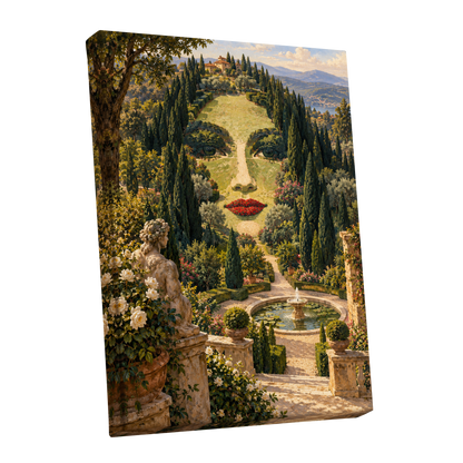 Cypress Reverie, green, beige, gold nature wall art shown as a stretched canvas wall art