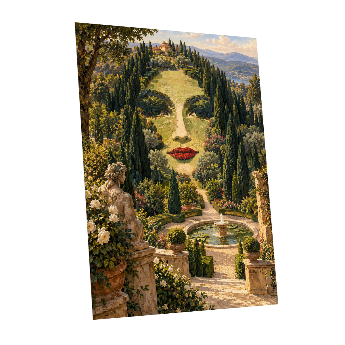 Cypress Reverie, green, beige, gold nature wall art shown as a unframed poster wall art print