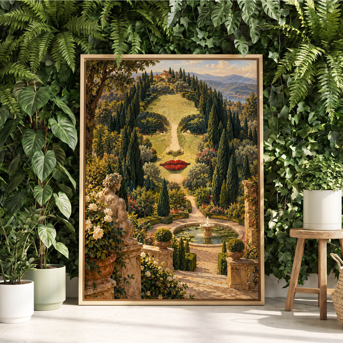 Cypress Reverie, green, beige, gold nature wall art displayed in a styled interior, gallery view 1