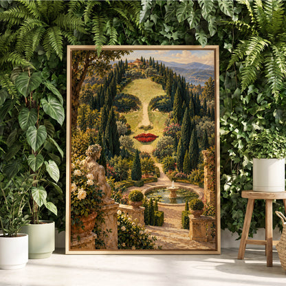 Cypress Reverie, green, beige, gold nature wall art displayed in a styled interior, gallery view 1