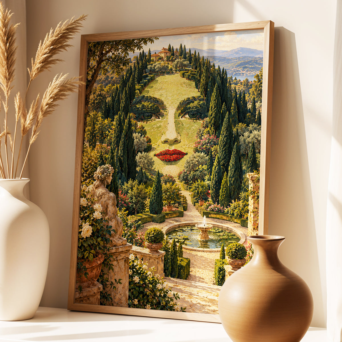 Cypress Reverie, green, beige, gold nature wall art displayed in a styled interior, gallery view 2