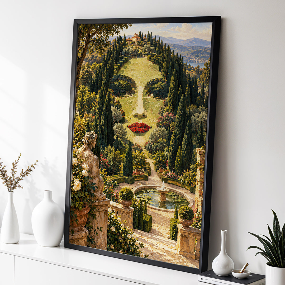 Cypress Reverie, green, beige, gold nature wall art displayed in a styled interior, gallery view 3