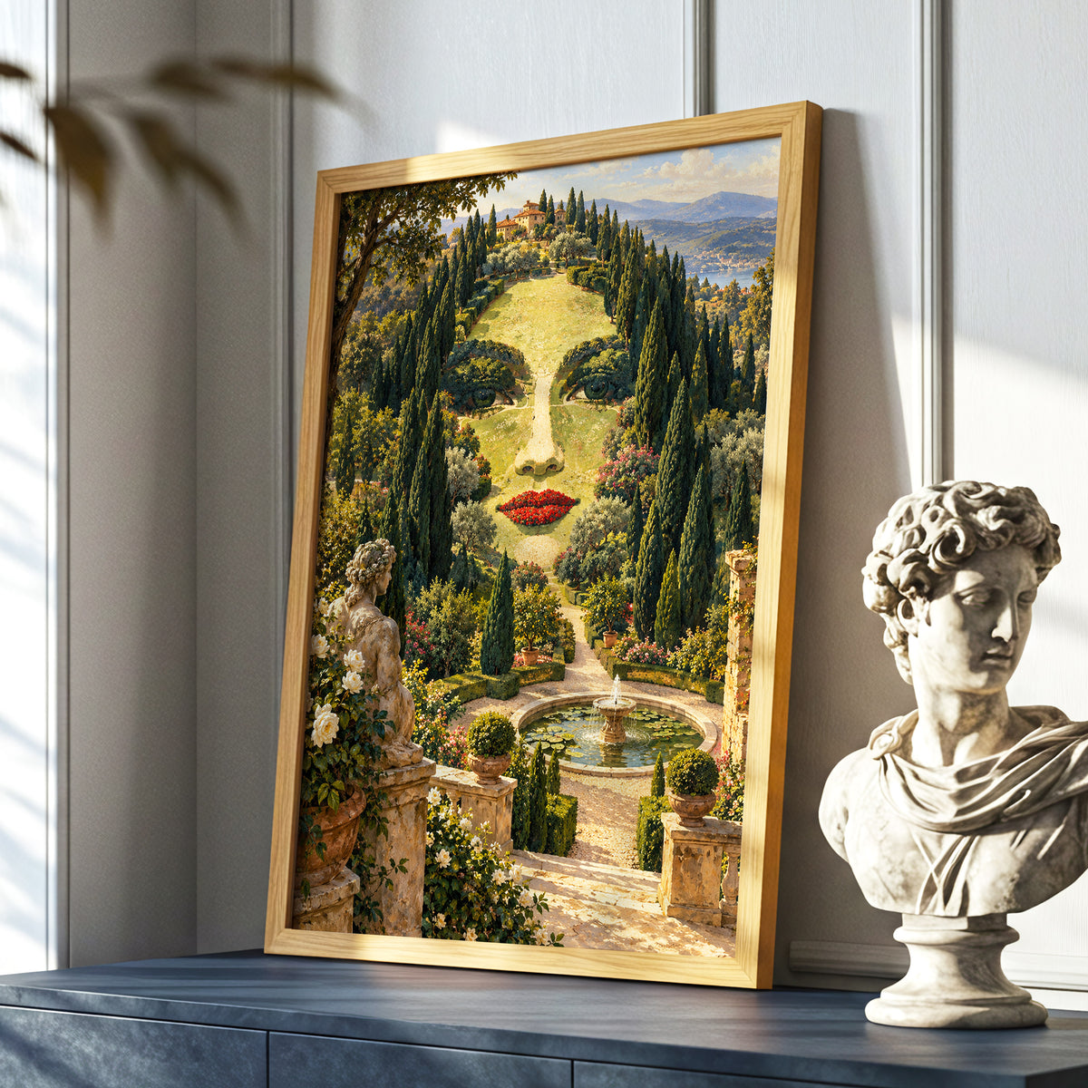 Cypress Reverie, green, beige, gold nature wall art displayed in a styled interior, gallery view 5
