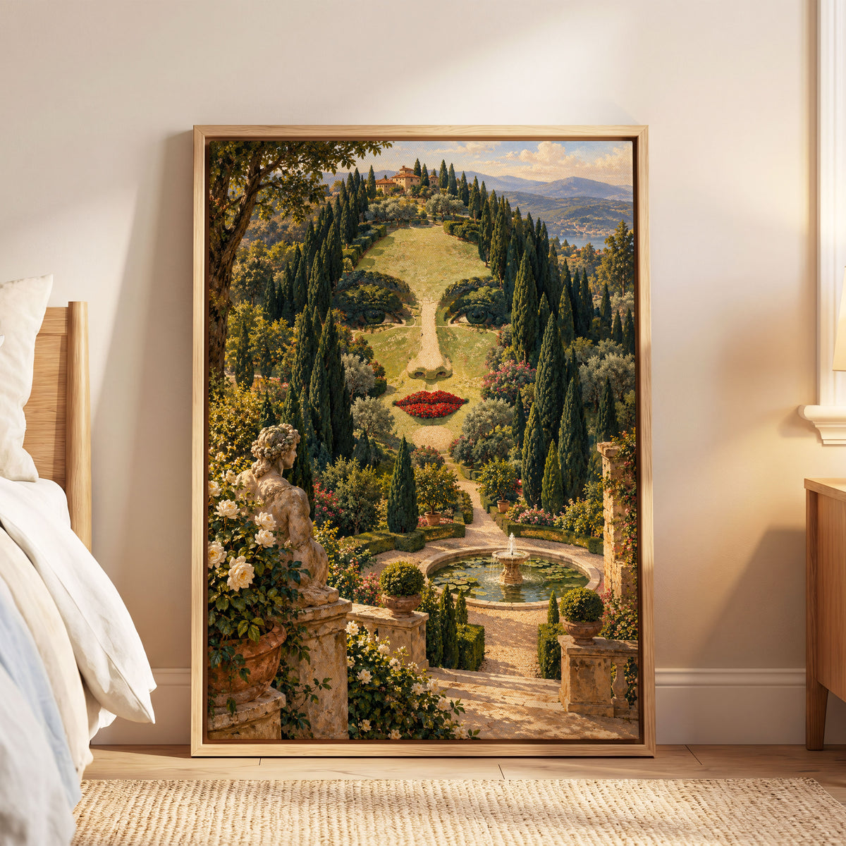Cypress Reverie, green, beige, gold nature wall art displayed in a styled interior, gallery view 6