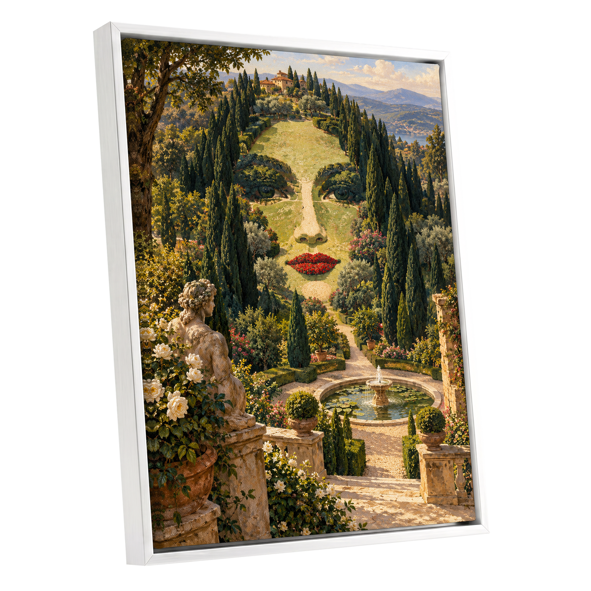 Cypress Reverie, green, beige, gold nature wall art shown as a white framed canvas wall art