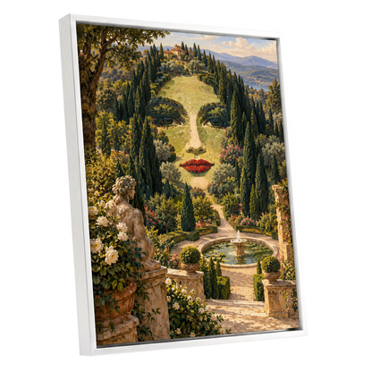 Cypress Reverie, green, beige, gold nature wall art shown as a white framed canvas wall art