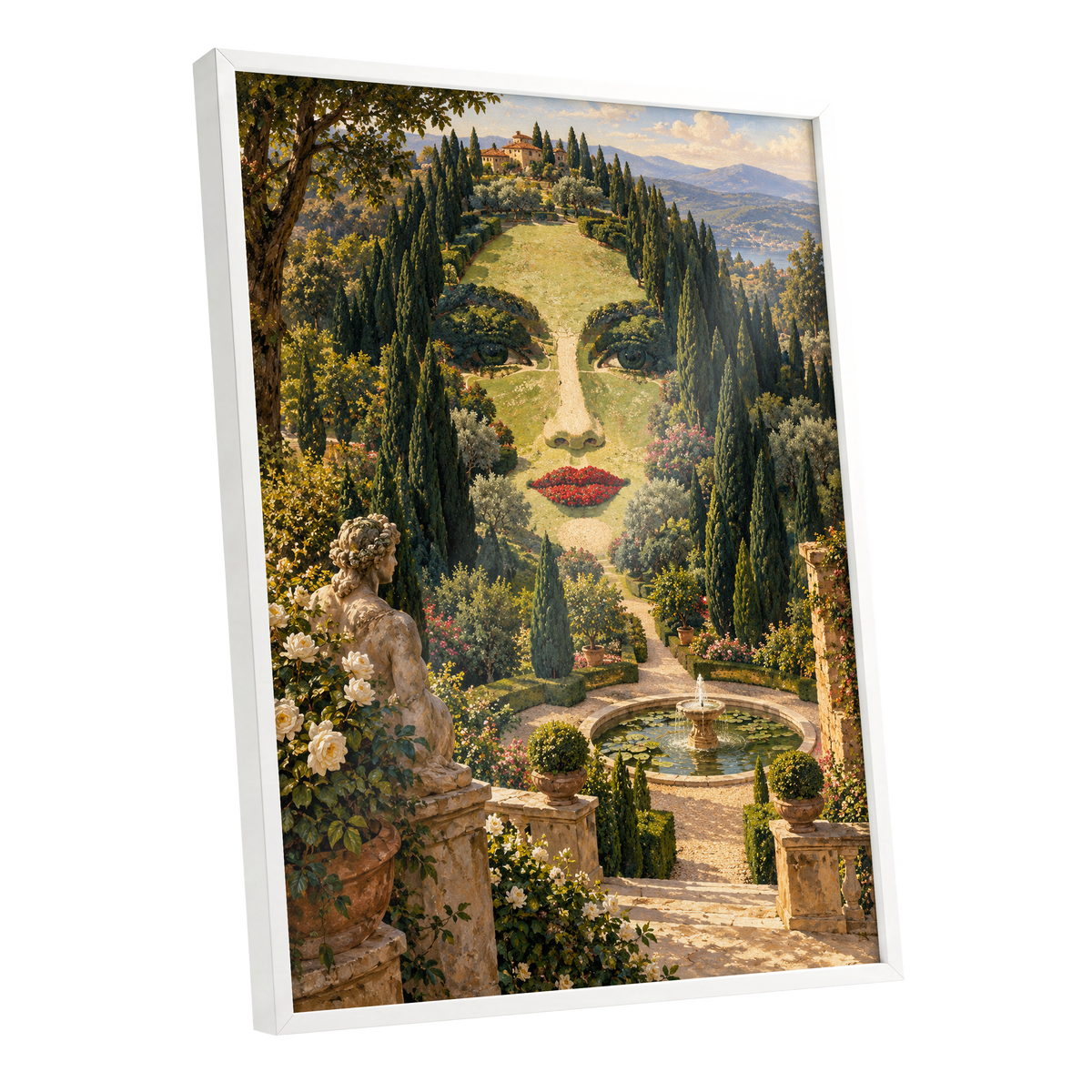Cypress Reverie, green, beige, gold nature wall art shown as a white framed poster wall art print