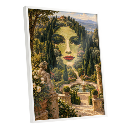 Cypress Reverie, green, beige, gold nature wall art shown as a white framed poster wall art print