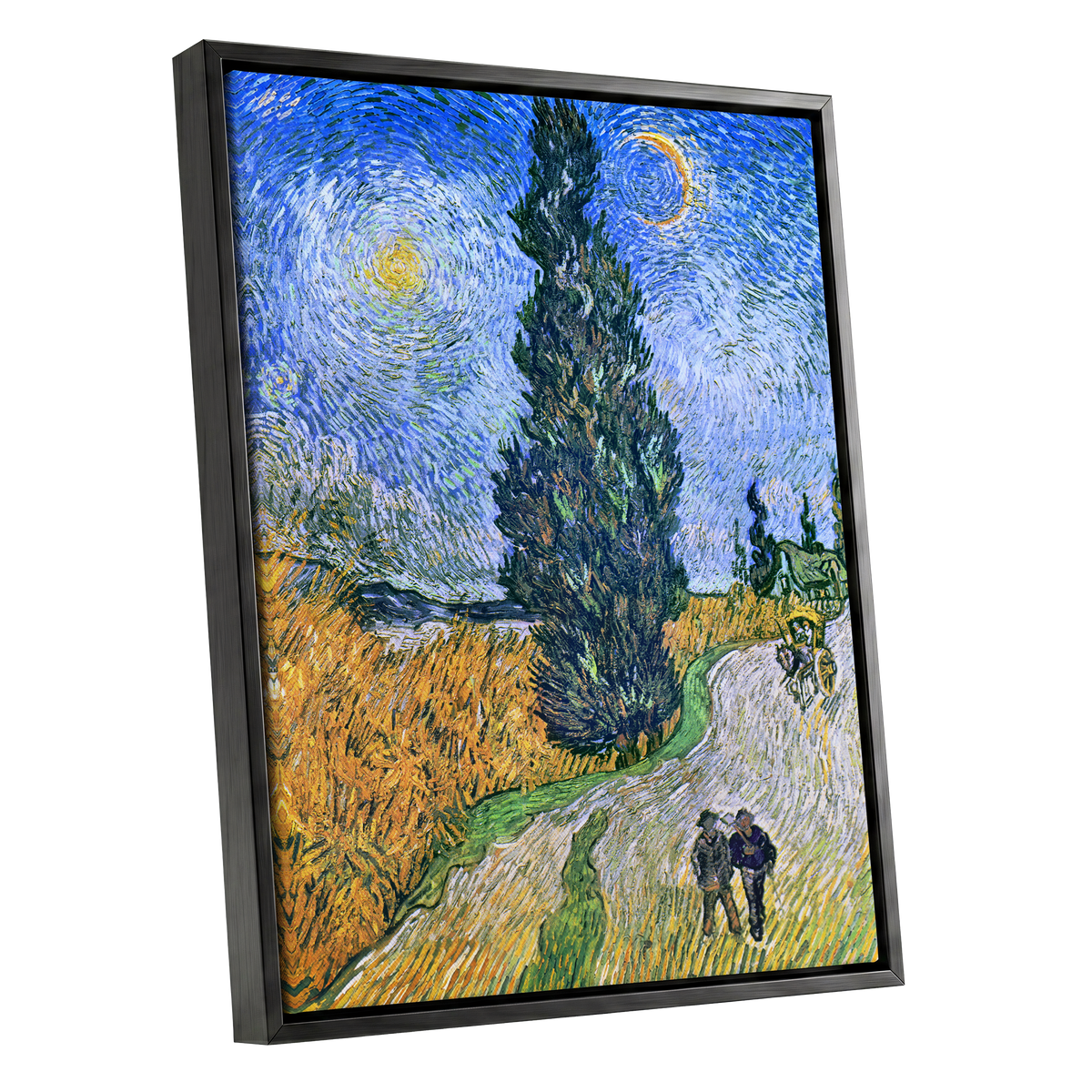 Cypress Under Stars, blue, green, yellow nature wall art shown as a black framed canvas wall art