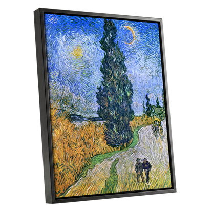 Cypress Under Stars, blue, green, yellow nature wall art shown as a black framed canvas wall art