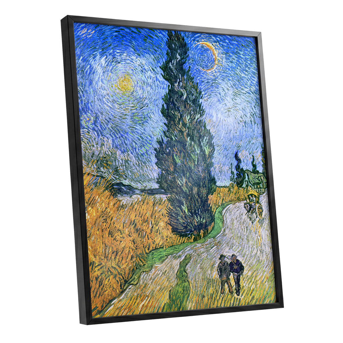 Cypress Under Stars, blue, green, yellow nature wall art shown as a black framed poster wall art print