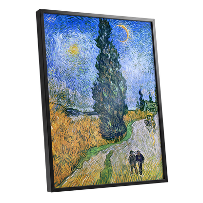 Cypress Under Stars, blue, green, yellow nature wall art shown as a black framed poster wall art print