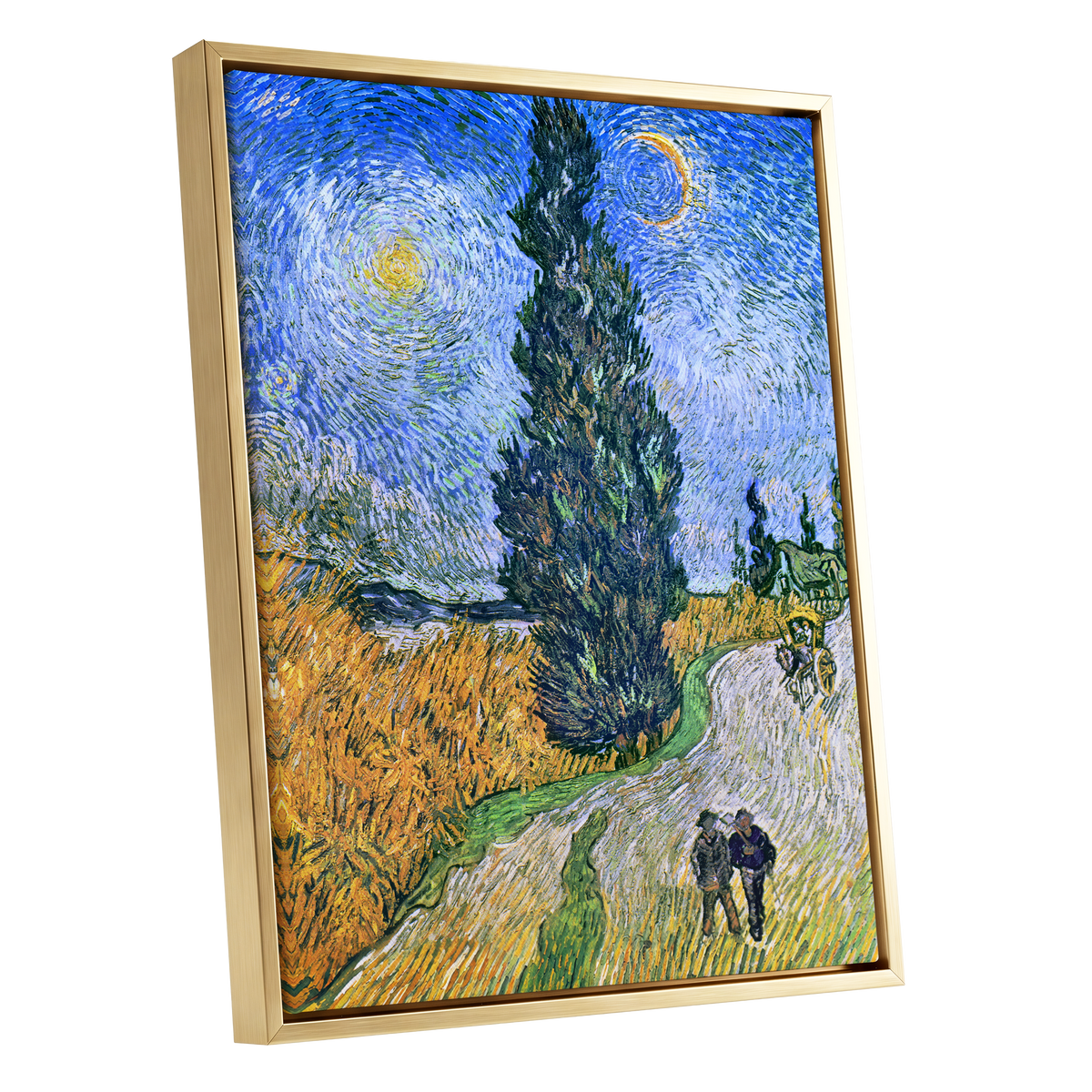 Cypress Under Stars, blue, green, yellow nature wall art shown as a gold framed canvas wall art