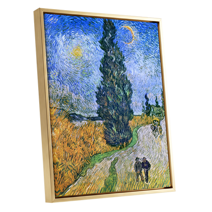 Cypress Under Stars, blue, green, yellow nature wall art shown as a gold framed canvas wall art
