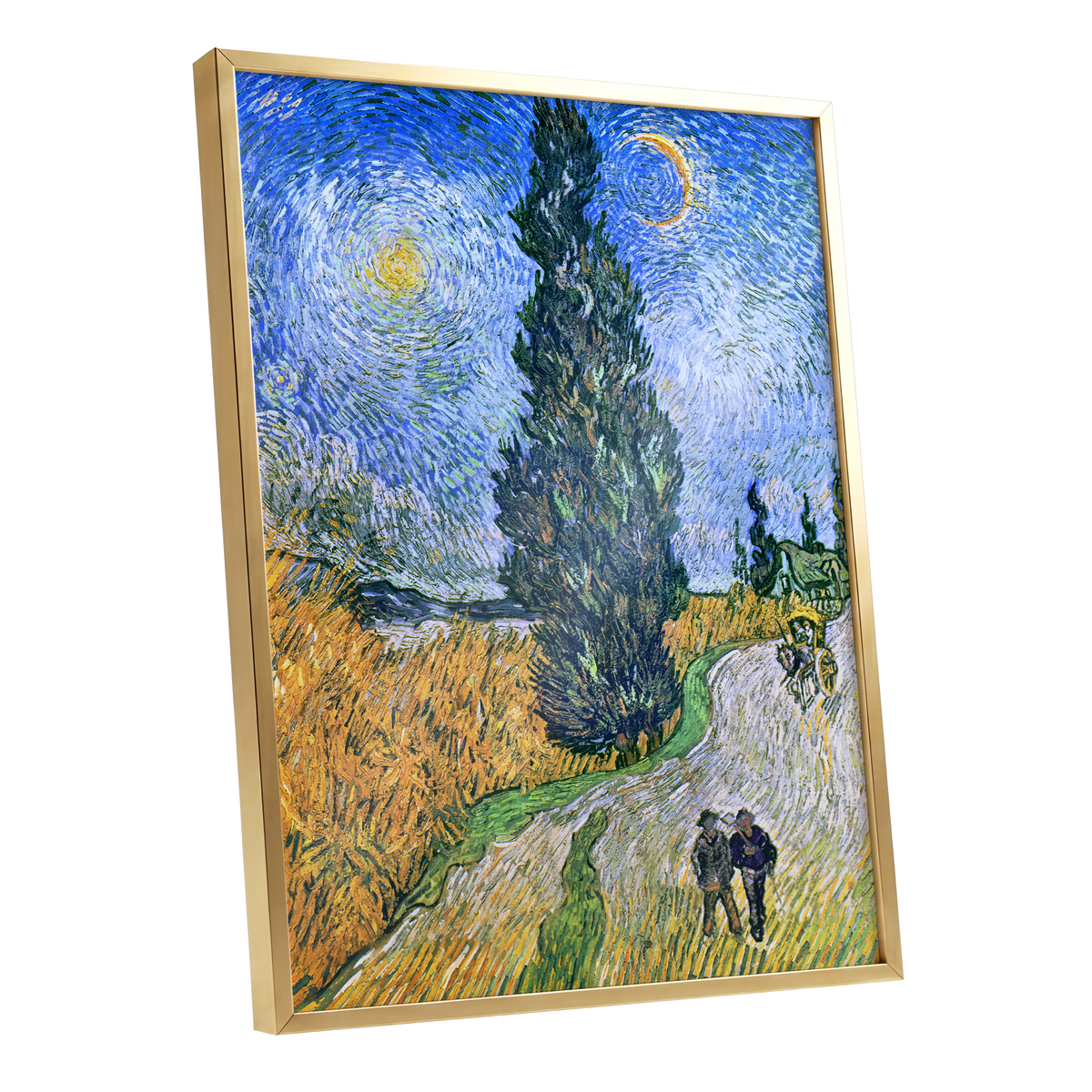 Cypress Under Stars, blue, green, yellow nature wall art shown as a gold framed poster wall art print