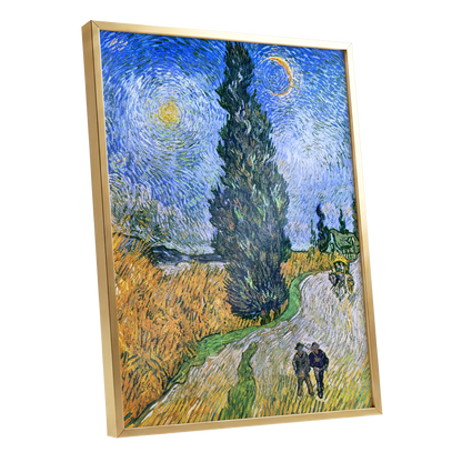 Cypress Under Stars, blue, green, yellow nature wall art shown as a gold framed poster wall art print