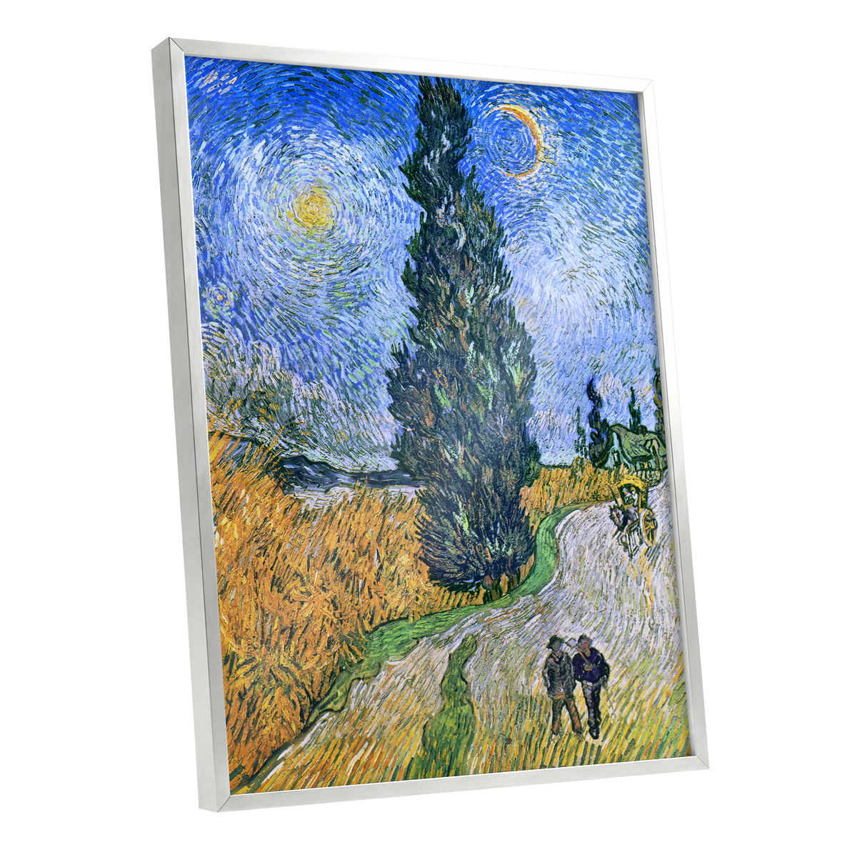 Cypress Under Stars, blue, green, yellow nature wall art shown as a silver framed poster wall art print