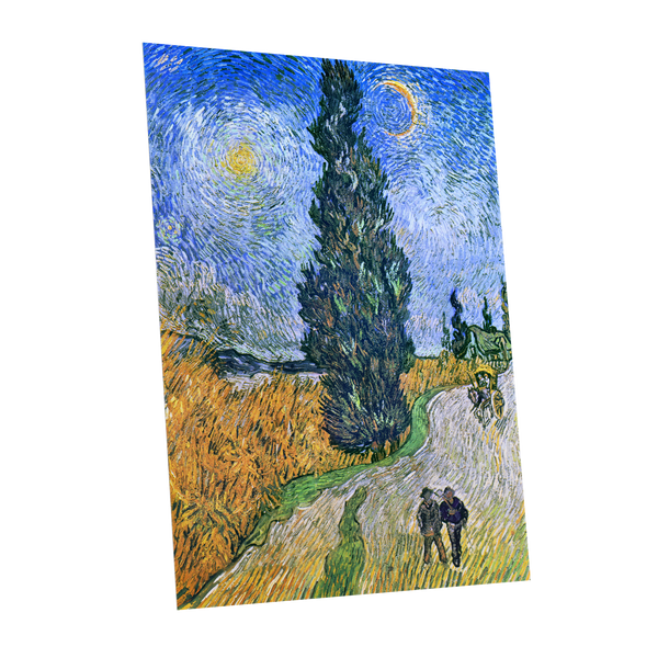 Cypress Under Stars, blue, green, yellow nature wall art shown as a unframed poster wall art print