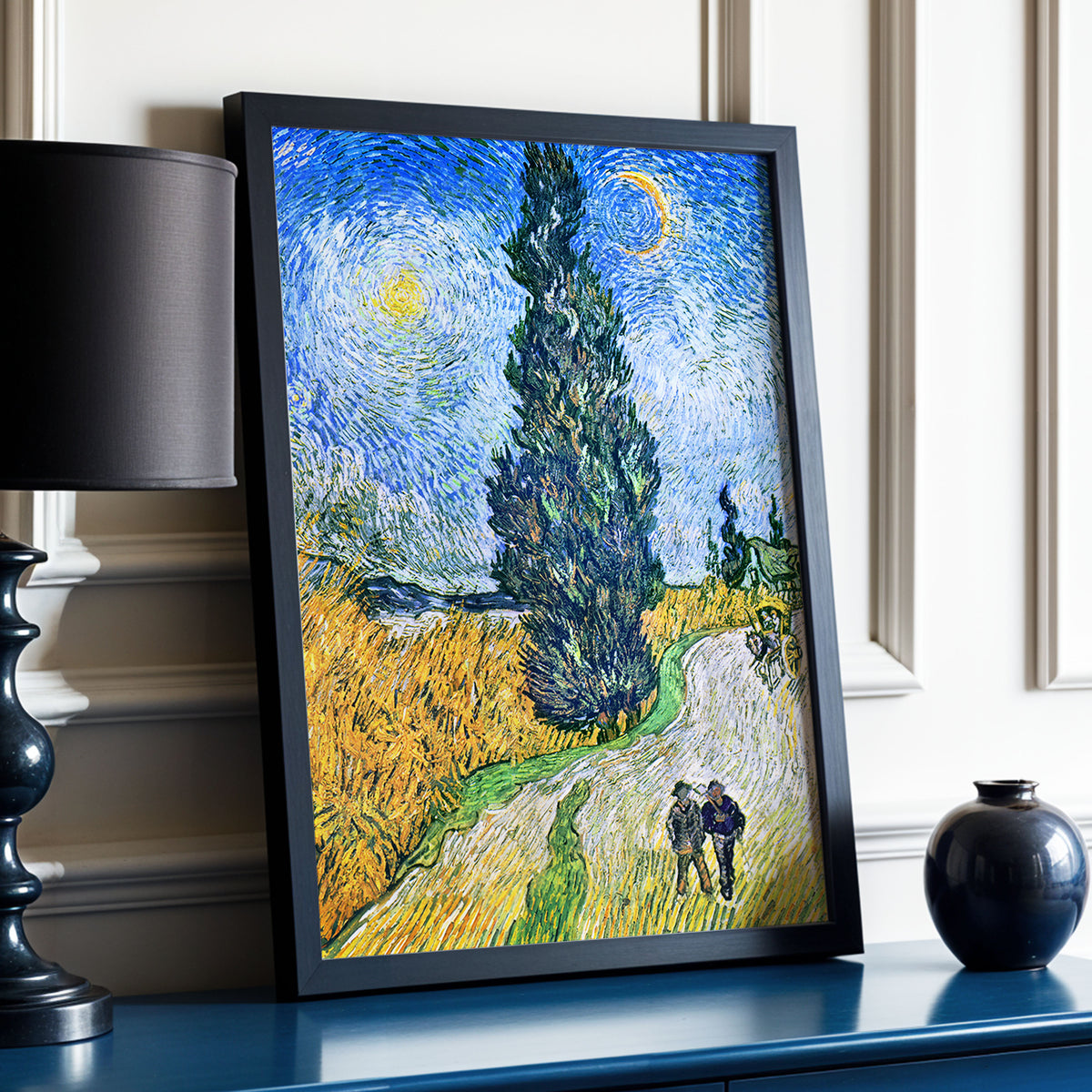 Cypress Under Stars, blue, green, yellow nature wall art displayed in a styled interior, gallery view 2
