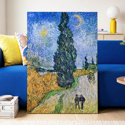 Cypress Under Stars, blue, green, yellow nature wall art displayed in a styled interior, gallery view 3