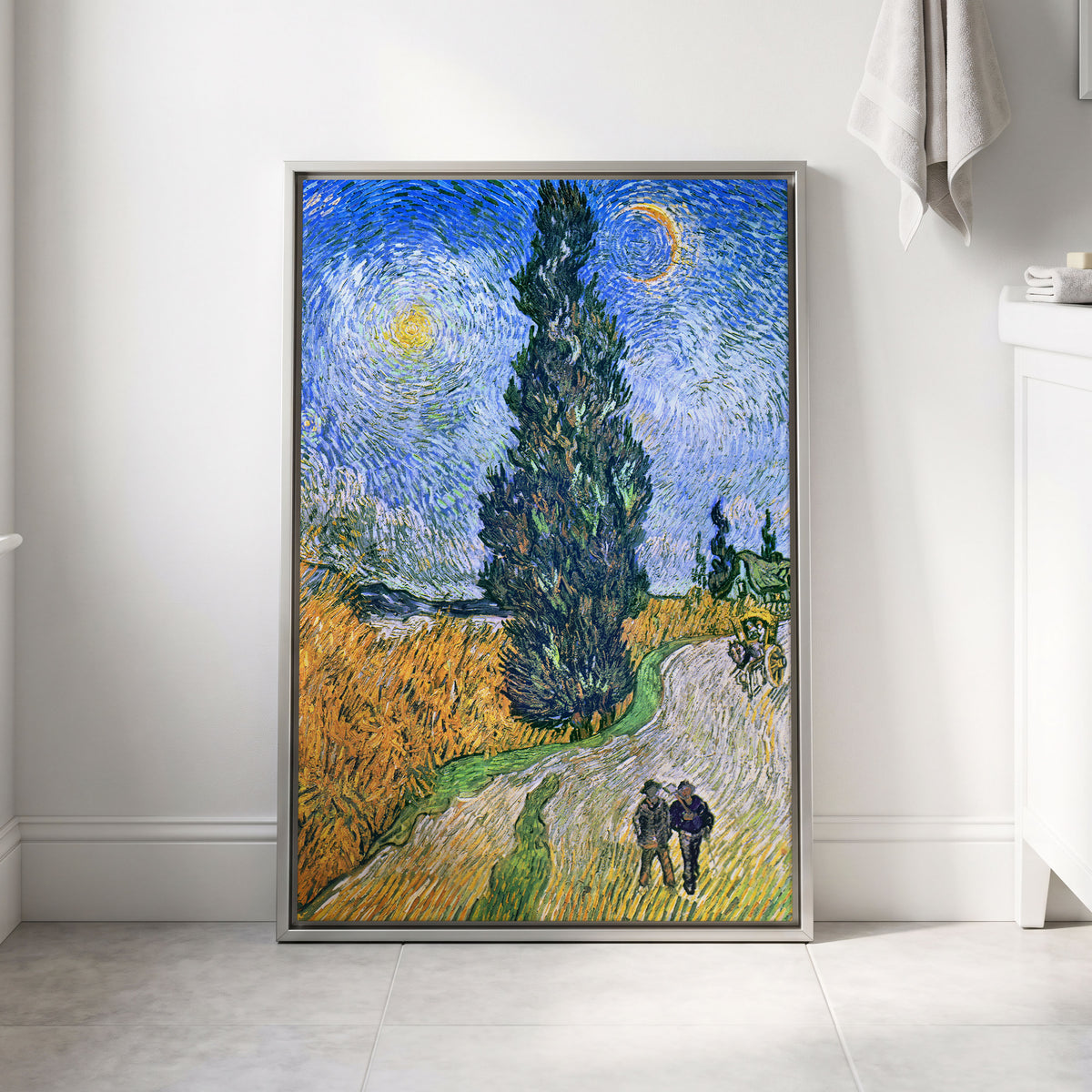 Cypress Under Stars, blue, green, yellow nature wall art displayed in a styled interior, gallery view 4