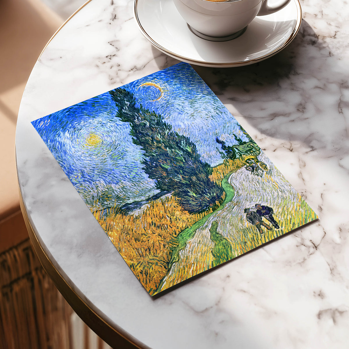 Cypress Under Stars, blue, green, yellow nature wall art displayed in a styled interior, gallery view 5