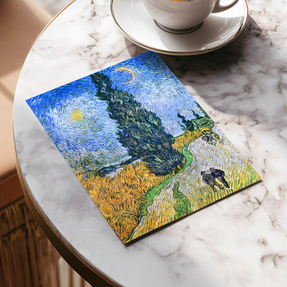 Cypress Under Stars, blue, green, yellow nature wall art displayed in a styled interior, gallery view 5