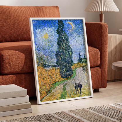 Cypress Under Stars, blue, green, yellow nature wall art displayed in a styled interior, gallery view 6
