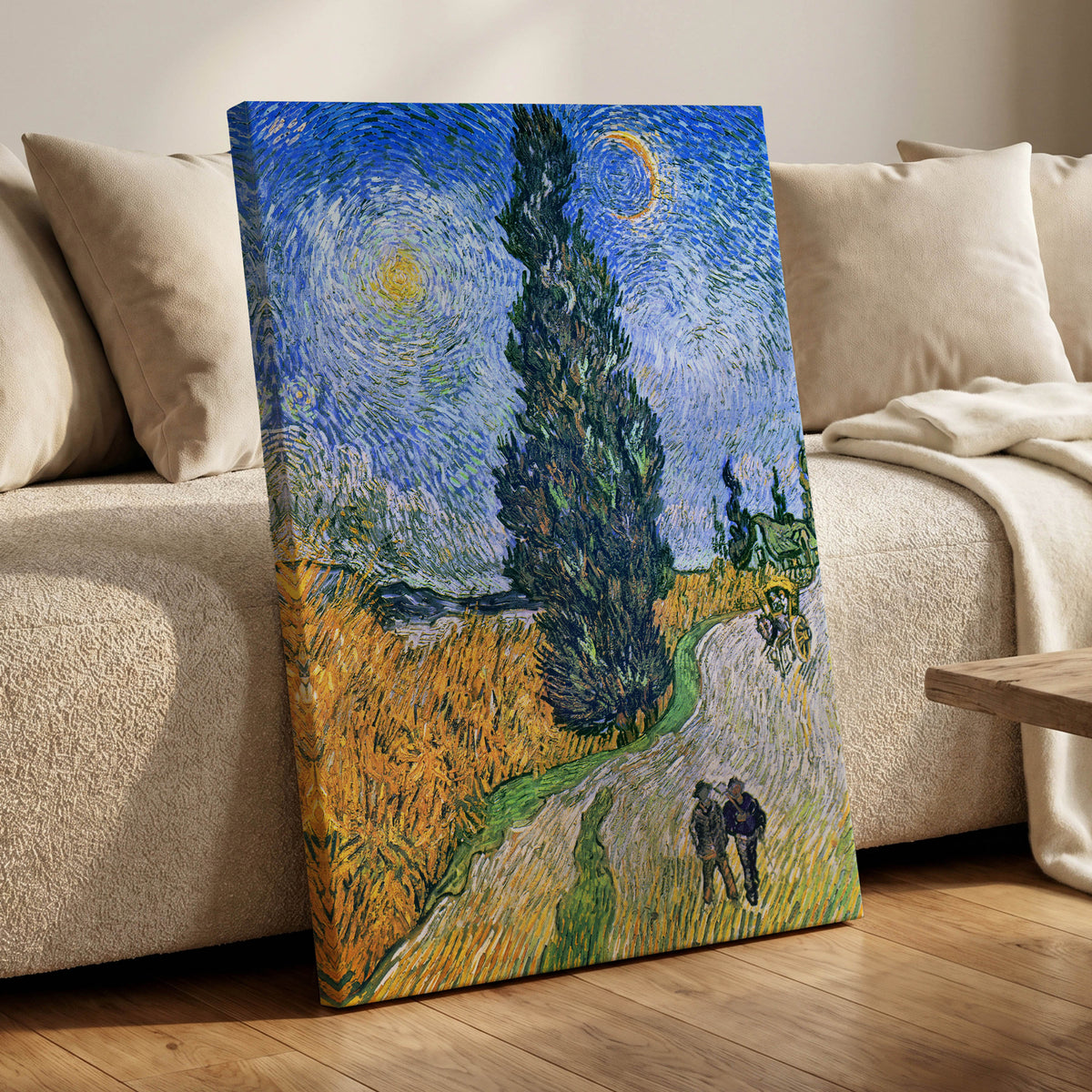 Cypress Under Stars, blue, green, yellow nature wall art displayed in a styled interior, gallery view 7