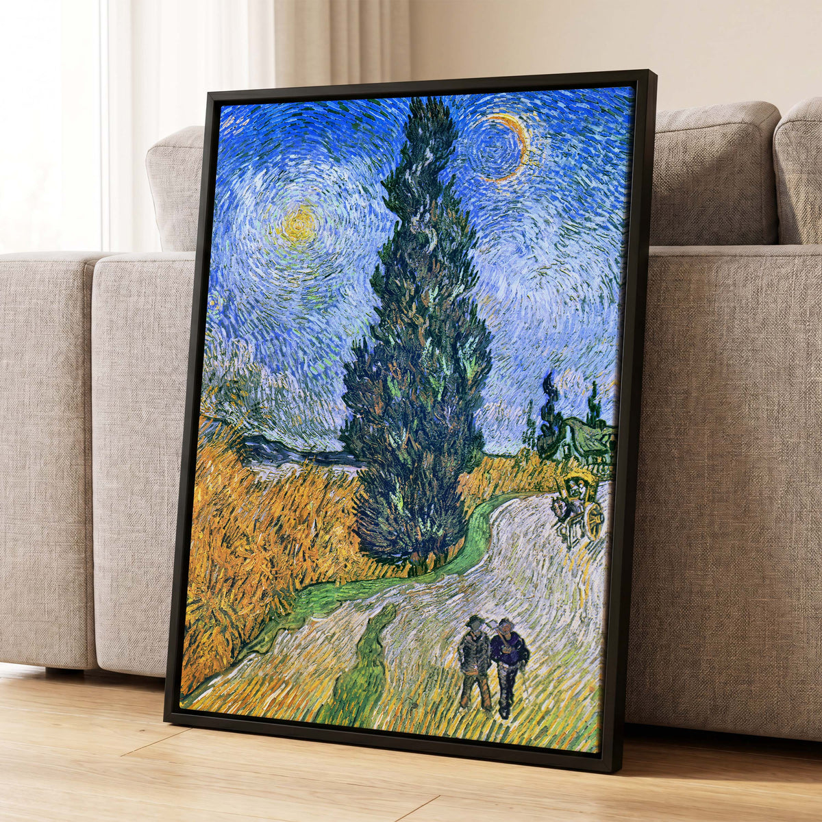 Cypress Under Stars, blue, green, yellow nature wall art displayed in a styled interior, gallery view 8