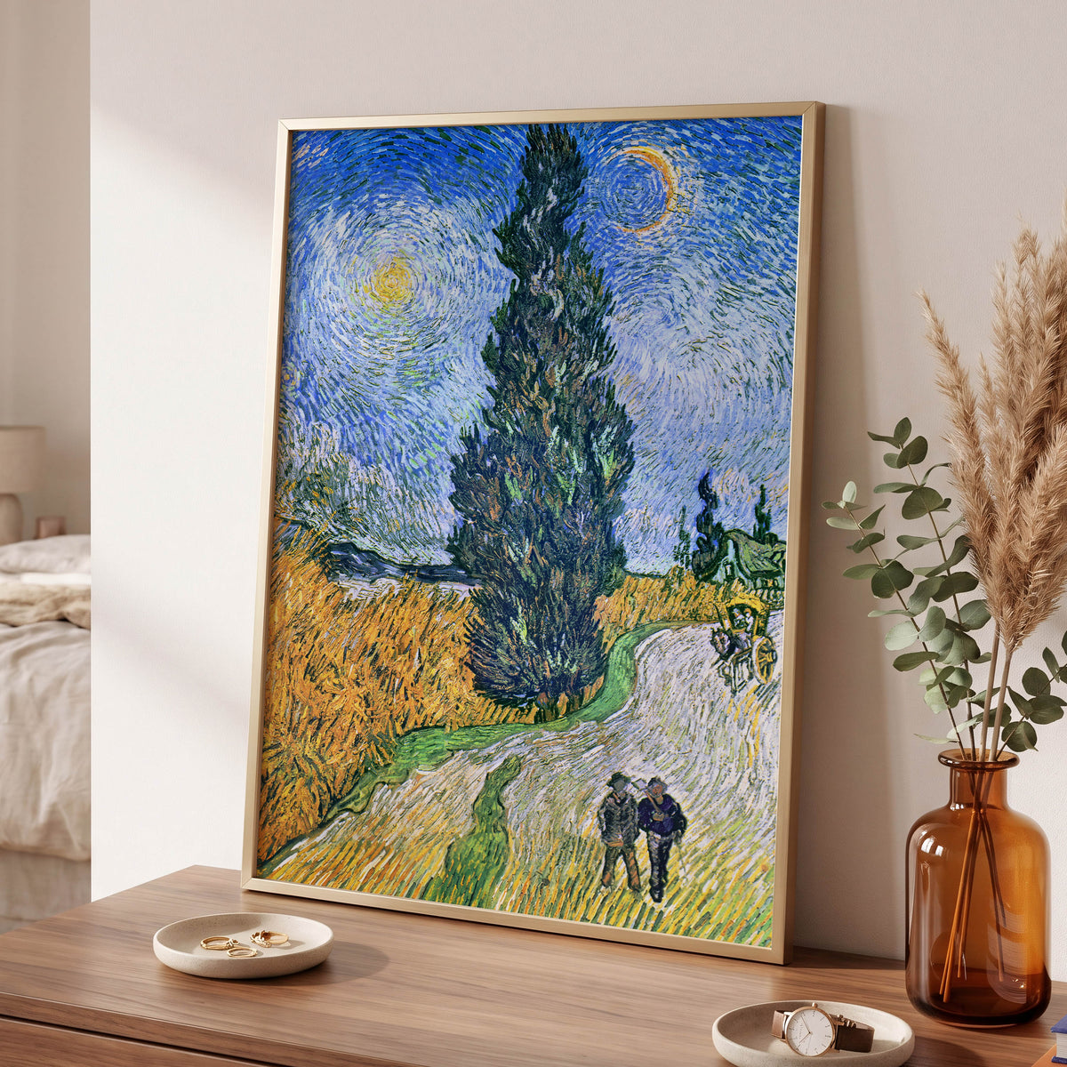Cypress Under Stars, blue, green, yellow nature wall art displayed in a styled interior, gallery view 9