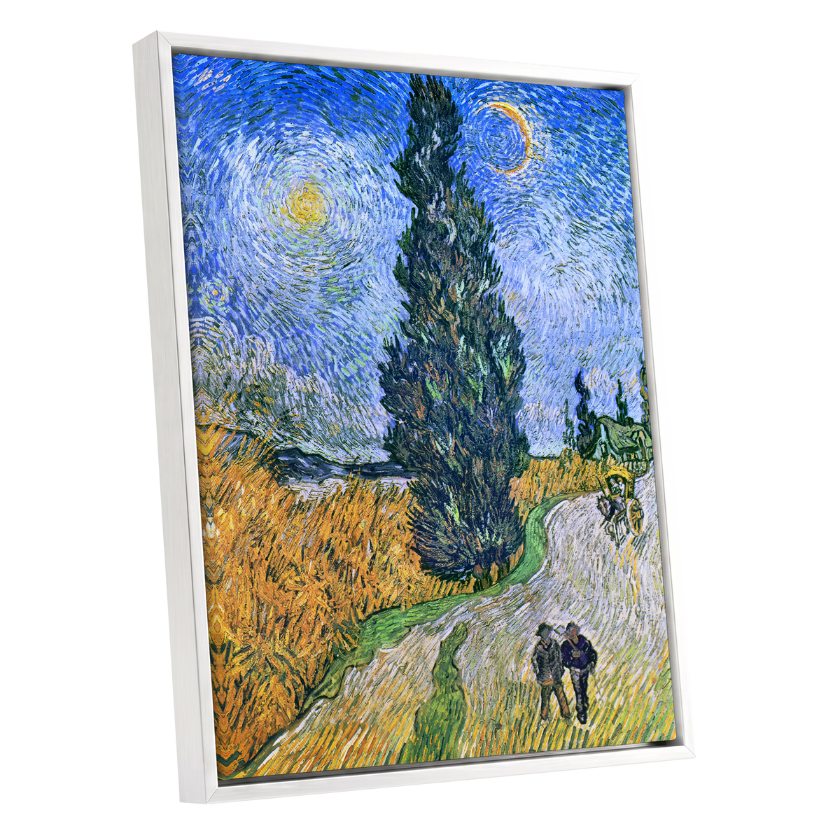 Cypress Under Stars, blue, green, yellow nature wall art shown as a white framed canvas wall art
