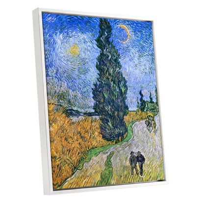 Cypress Under Stars, blue, green, yellow nature wall art shown as a white framed canvas wall art