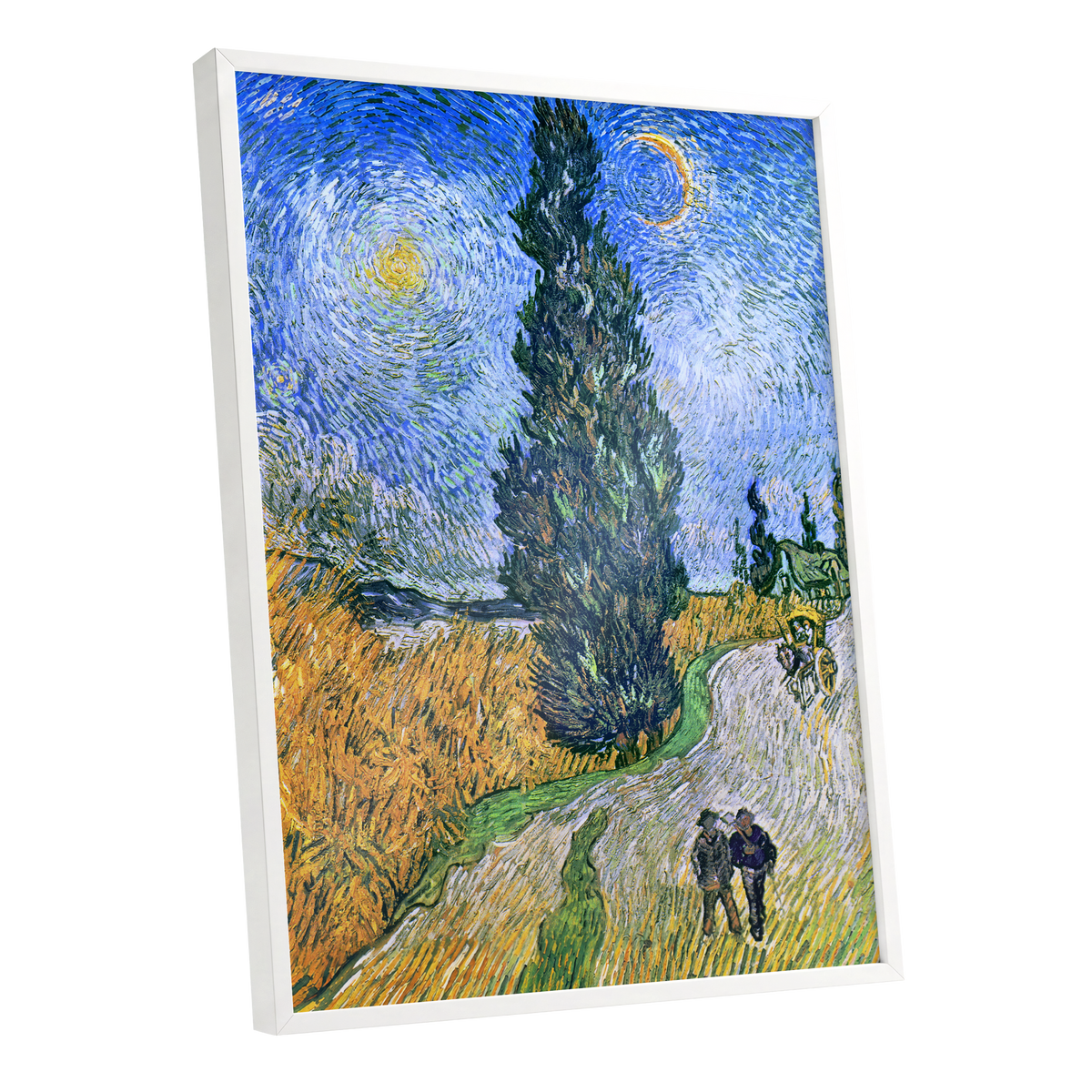 Cypress Under Stars, blue, green, yellow nature wall art shown as a white framed poster wall art print