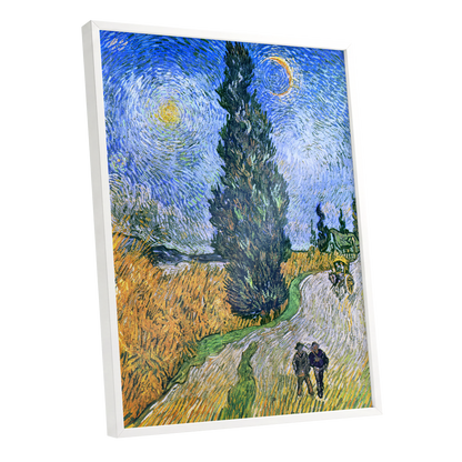 Cypress Under Stars, blue, green, yellow nature wall art shown as a white framed poster wall art print