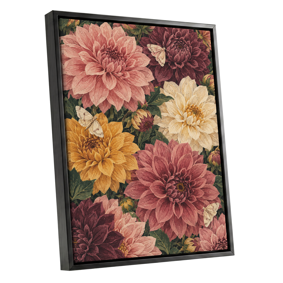 Dahlia Dusk, pink, purple, green floral wall art shown as a black framed canvas wall art