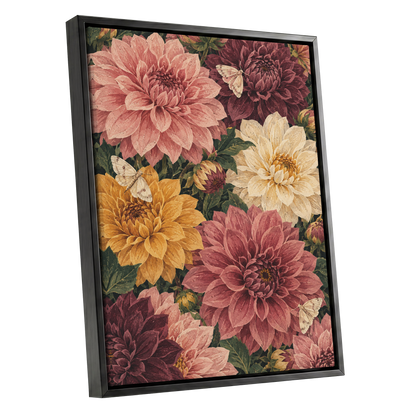 Dahlia Dusk, pink, purple, green floral wall art shown as a black framed canvas wall art