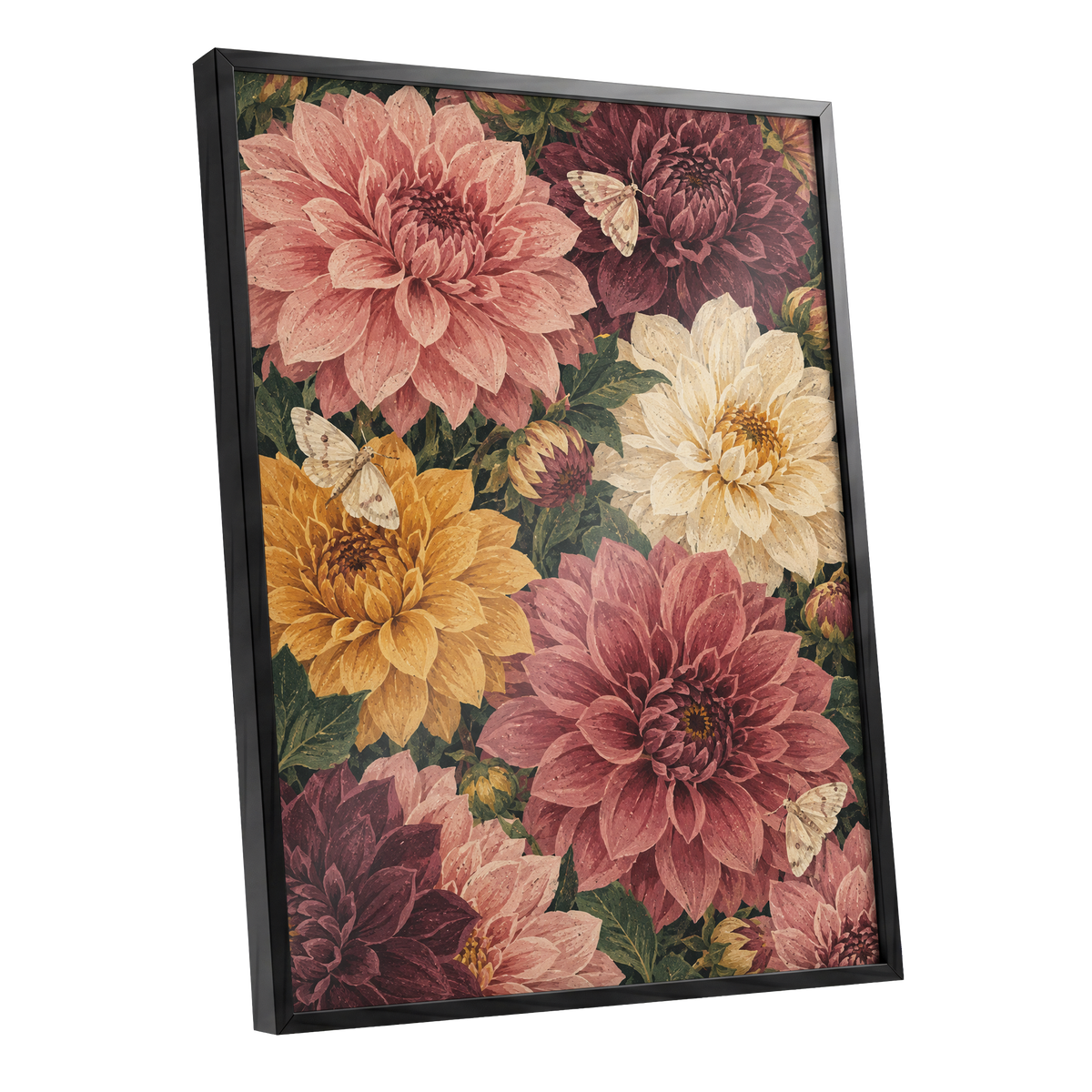 Dahlia Dusk, pink, purple, green floral wall art shown as a black framed poster wall art print