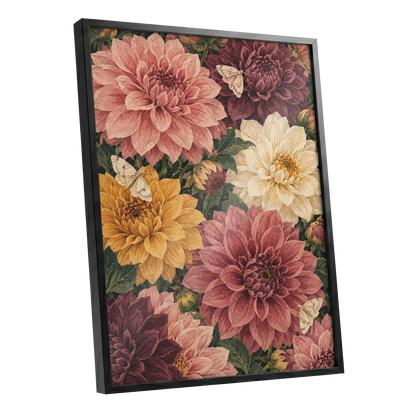 Dahlia Dusk, pink, purple, green floral wall art shown as a black framed poster wall art print