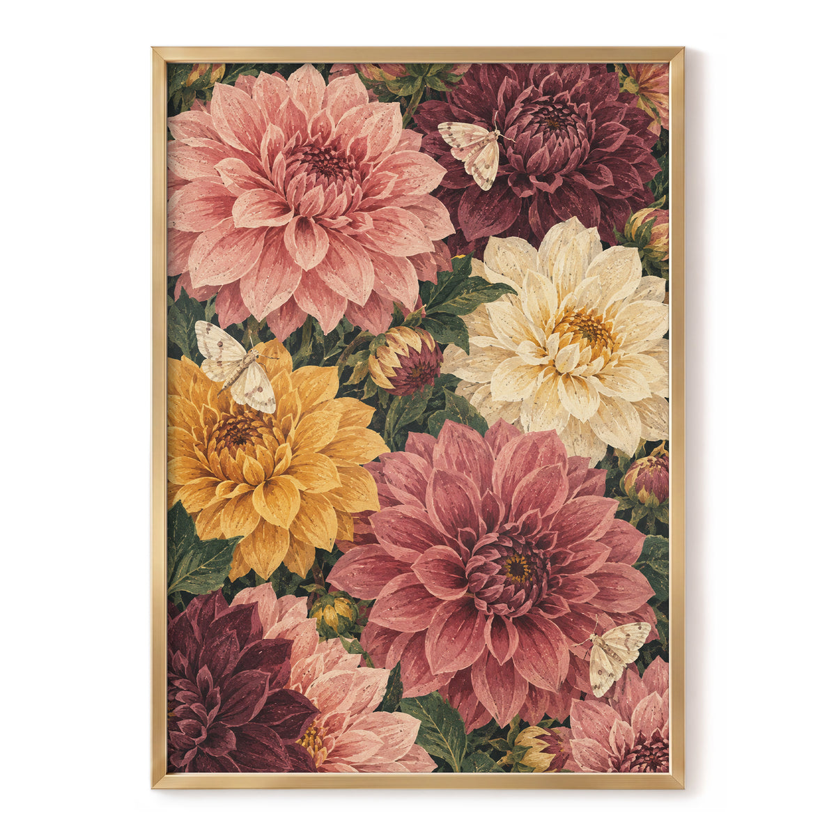 Dahlia Dusk, pink, purple, green floral wall art, front artwork view