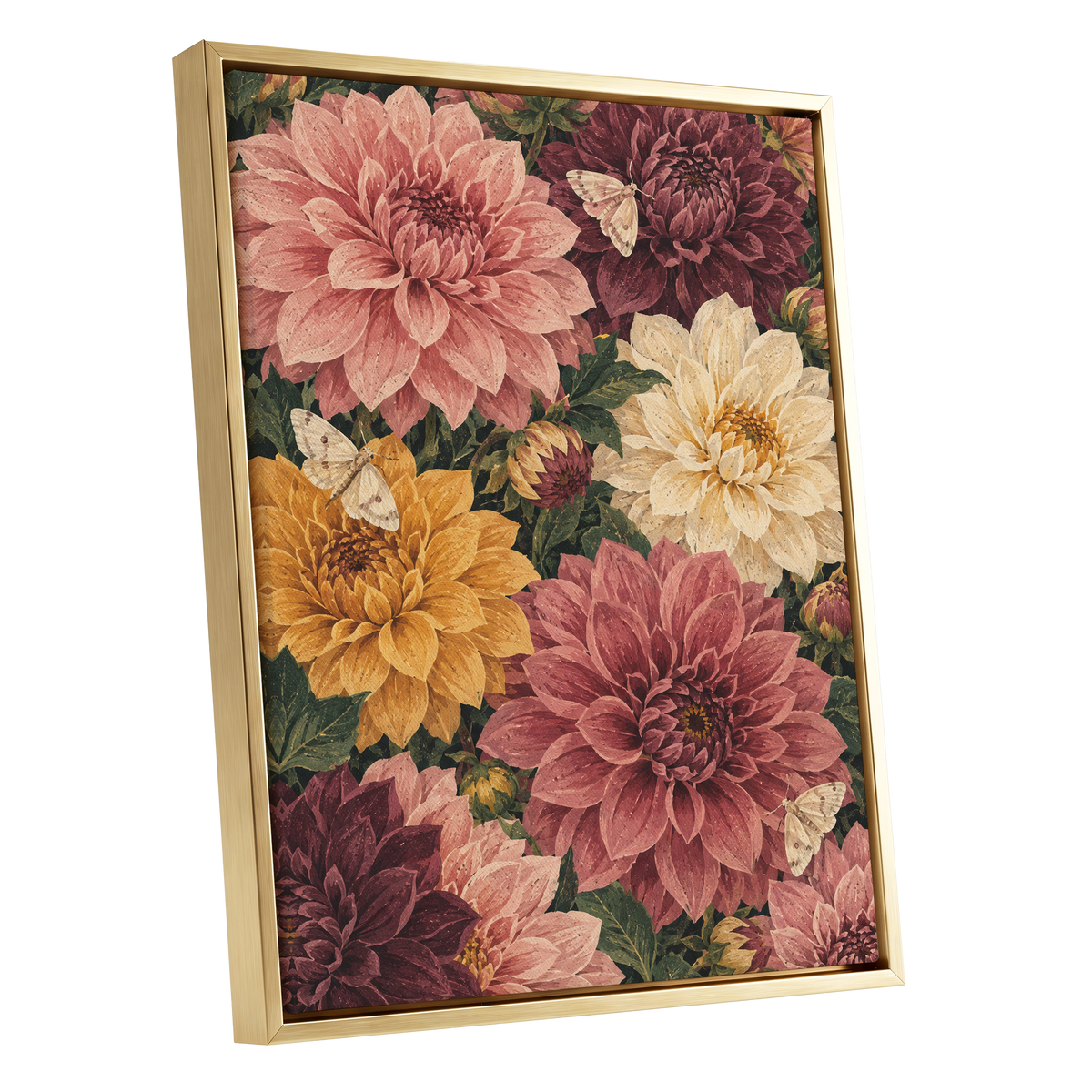 Dahlia Dusk, pink, purple, green floral wall art shown as a gold framed canvas wall art