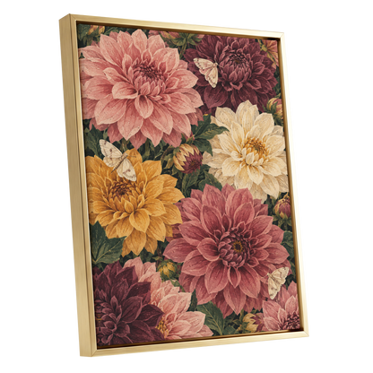 Dahlia Dusk, pink, purple, green floral wall art shown as a gold framed canvas wall art