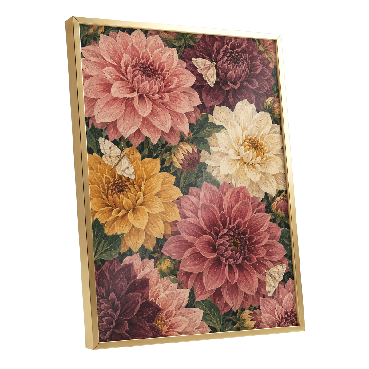 Dahlia Dusk, pink, purple, green floral wall art shown as a gold framed poster wall art print