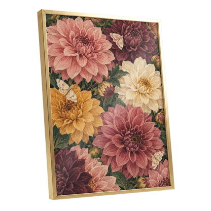 Dahlia Dusk, pink, purple, green floral wall art shown as a gold framed poster wall art print