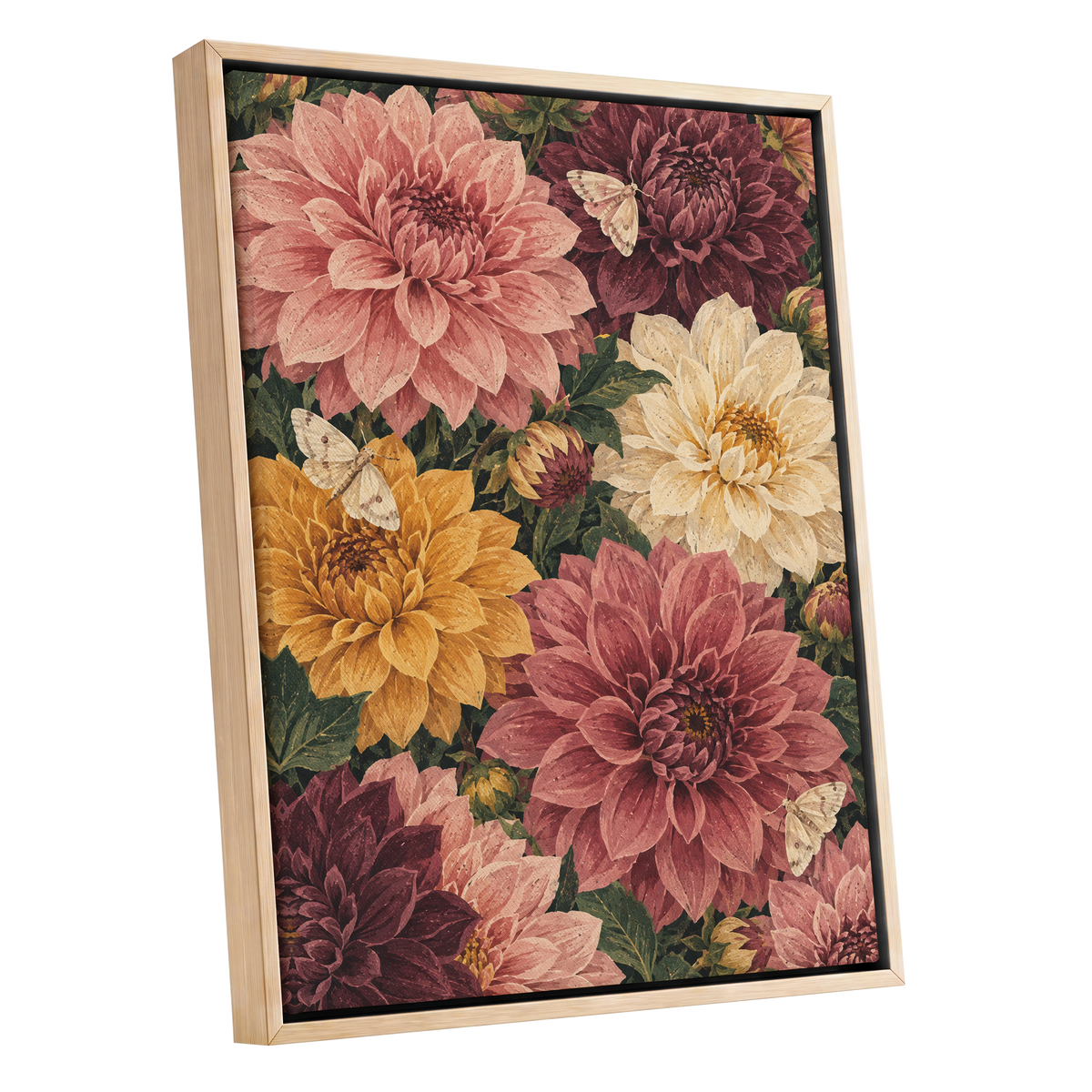 Dahlia Dusk, pink, purple, green floral wall art shown as a oak framed canvas wall art