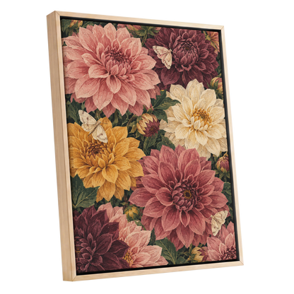Dahlia Dusk, pink, purple, green floral wall art shown as a oak framed canvas wall art