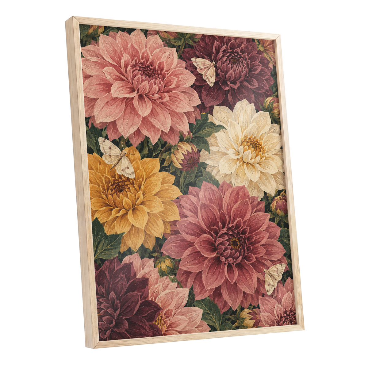 Dahlia Dusk, pink, purple, green floral wall art shown as a oak framed poster wall art print