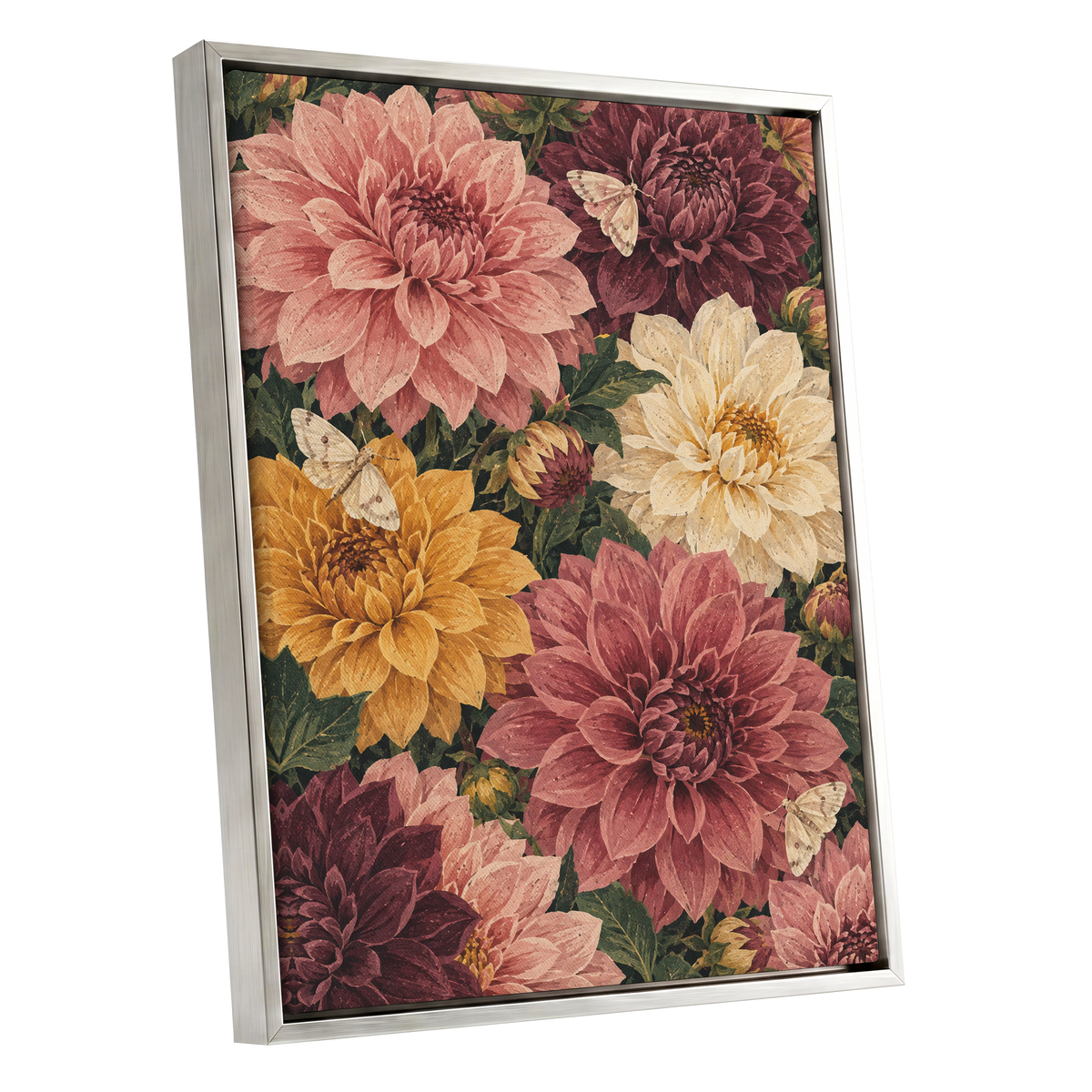 Dahlia Dusk, pink, purple, green floral wall art shown as a silver framed canvas wall art